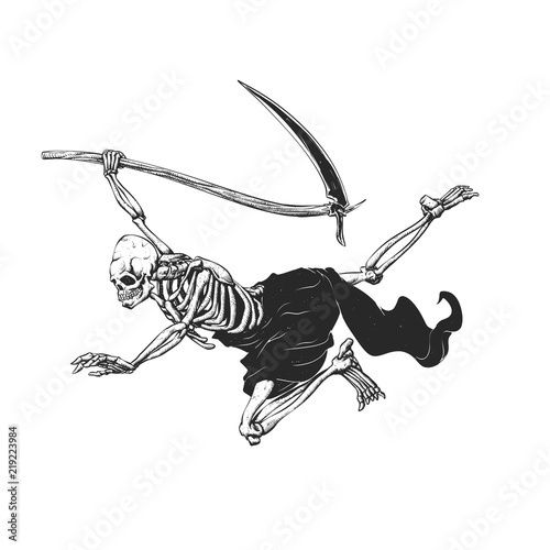Flying reaper - gothic grim - skull cartoon - black and white