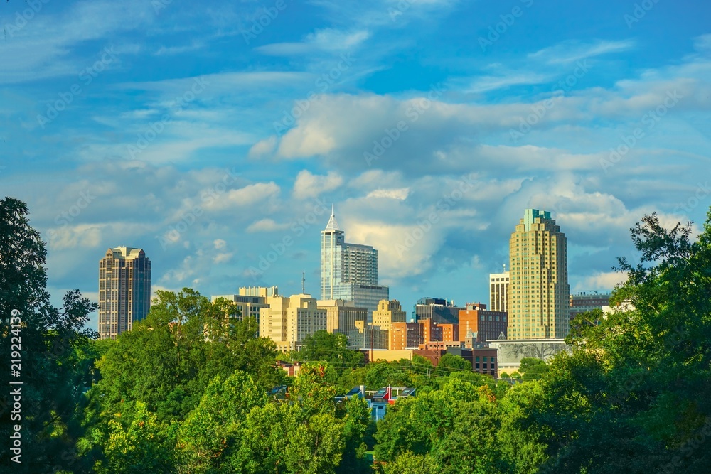 A beautiful cityscape of downtown Raleigh, North Carolina under a blue sky in HDR.