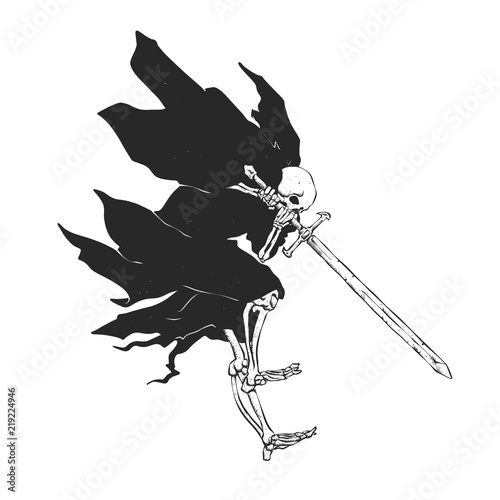 Grim reaper attack - medieval ghost - gothic skull - night demon - black and white