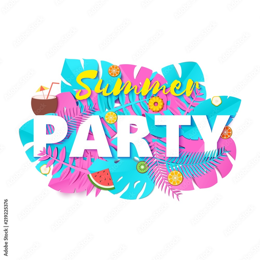 Fototapeta premium Word PARTY summer composition with creative pink and blue jungle leaves fruits and coctail in paper cut style. Tropical craft design for your poster, banner, flyer T-shirt printing. Vector