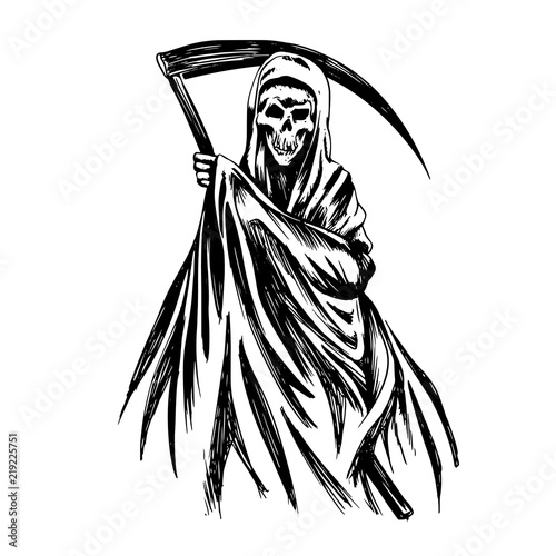 Hand Inked Grim Reaper Illustration black and white