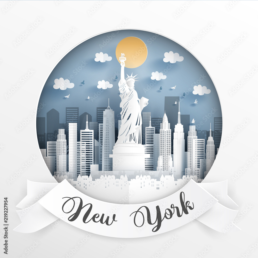 Paper cut style of world famous landmark of New York city, America with white frame and label. Travel postcard and poster, brochure, advertising. Vector illustration.
