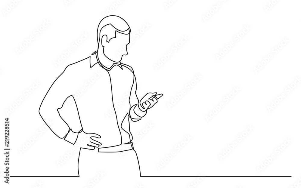 continuous line drawing of standing man checking mobile phone