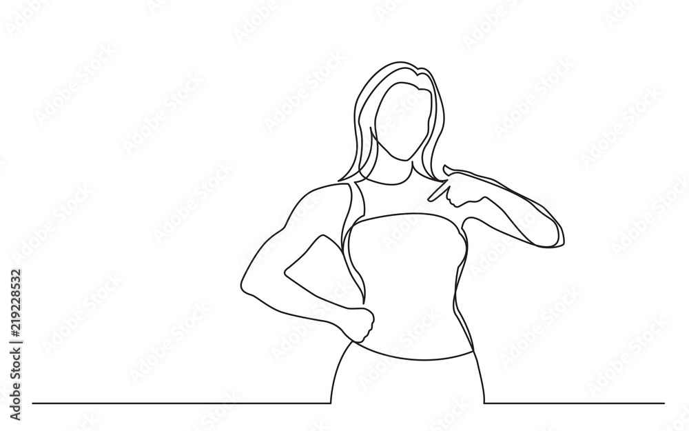 continuous line drawing of standing woman pointing at herself continuous line drawing of standing woman pointing at herself