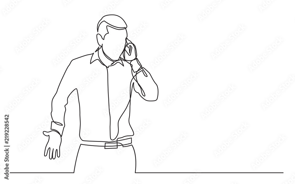 continuous line drawing of standing man emotionally speaking on cell phone