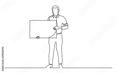 continuous line drawing of full length standing man holding blank sign