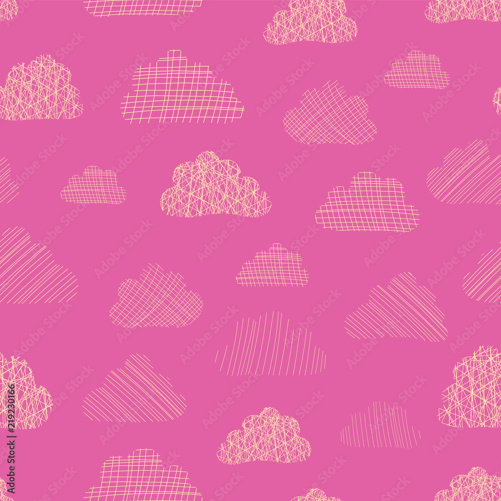 Seamless vector pattern textured clouds. Beige silhouettes of cute doodle clouds on a pink background. Great for kids, baby girl, fabric, paper, web banners, wallpaper, cards, invites, baby shower