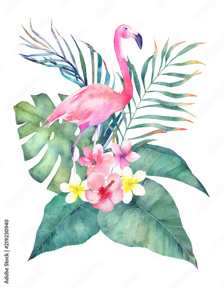 Fototapeta premium Egzotyczny letni nadruk z flamingiem i tropikalnymi liśćmi. Na białym tle ręcznie rysowane ilustracja na białym tle. Karta akwarela