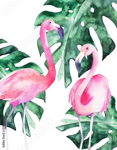 Exotic summer print with flamingo and tropical leaves. Hand drawn  illustrati...