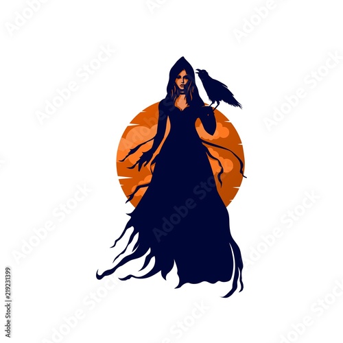 Mysterious Woman Sorcerer holding Raven Bird Logo Illustration