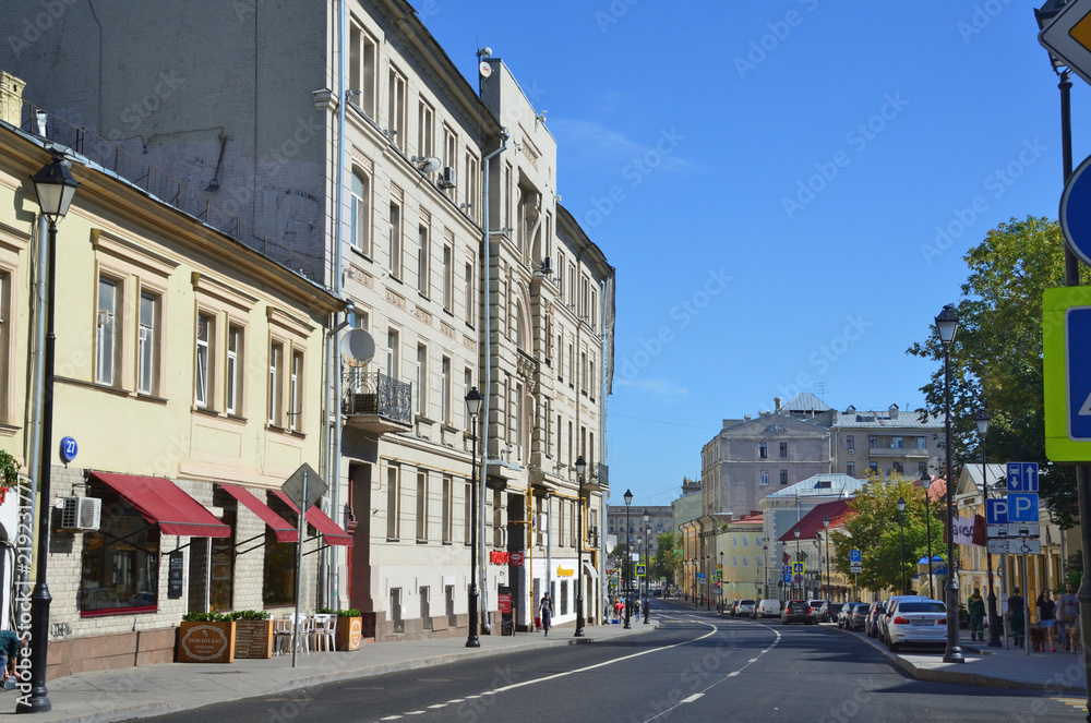 Moscow, Russia, August, 12, 2018. Moscow, Pokrovka street in the summer. Houses 27, 29, city estate of Botkin, apartment house of Babushkin, 18-19th centuries