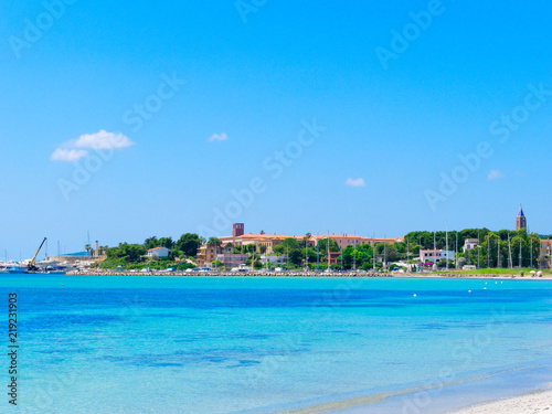 View of the beautiful sea and Fertilia in the background. The municipality of Alghero, Sardinia, Italy.