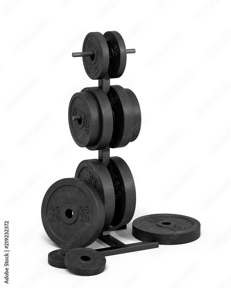 3d rendering of an isolated black rack full of different black barbell weights stored on it. 3d rendering of an isolated black rack full of different black barbell weights stored on it.