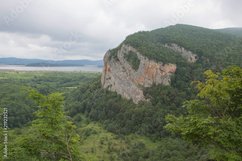 Mountains, forest and lake in the valley. Nature background