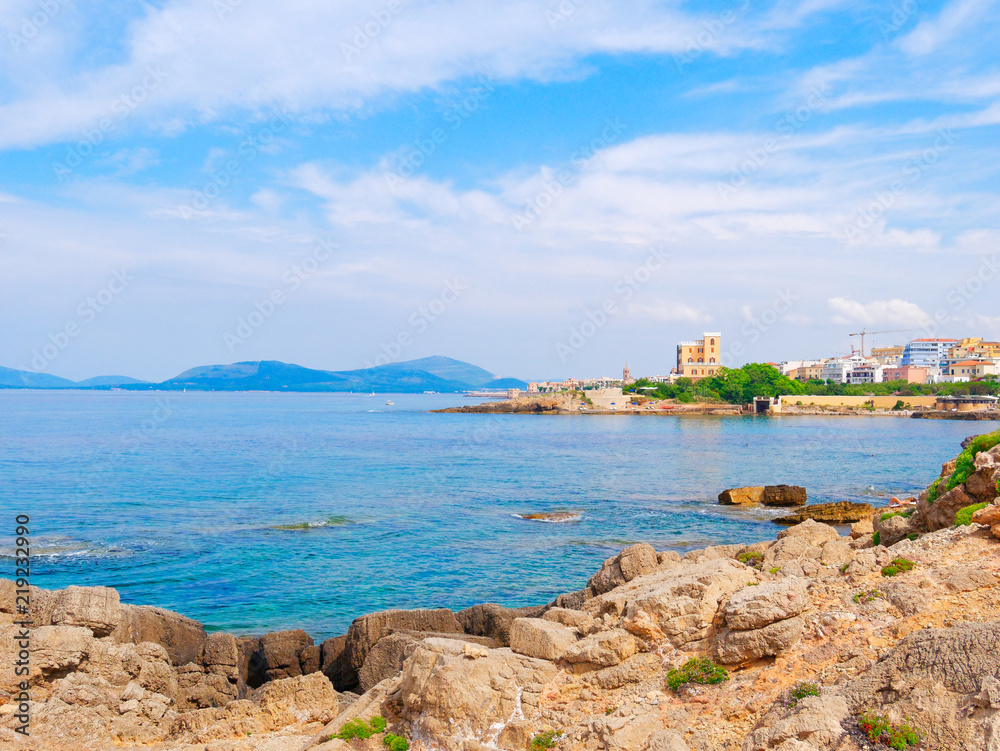 View of the sea and the city of Alghero. Sardinia, Italy