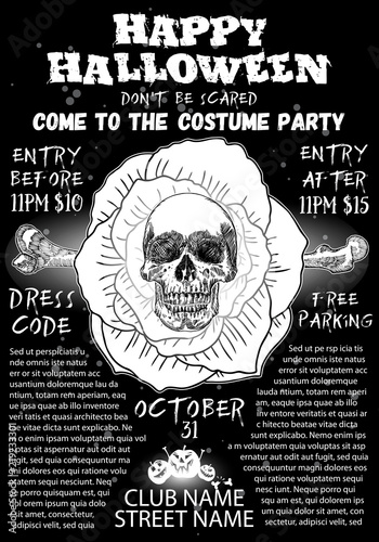 Hand drawn style Halloween poster design with Halloween skulls and calligraphy.  Black white flyer and party invitation designs. Vector.