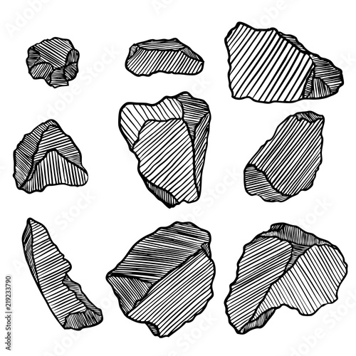 Rock stone hand drawn style. Big set of different boulders. Collection of illustrated cracked and damaged stones rubble architecture design. Gold nugget or prill. Vector.
