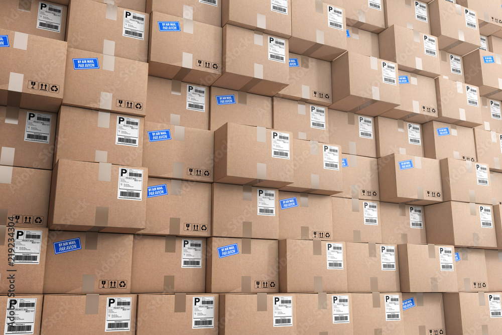 Logistics Concept. Stack of Rows Cardboard Boxes in Warehouse. 3d Rendering Logistics Concept. Stack of Rows Cardboard Boxes in Warehouse. 3d Rendering