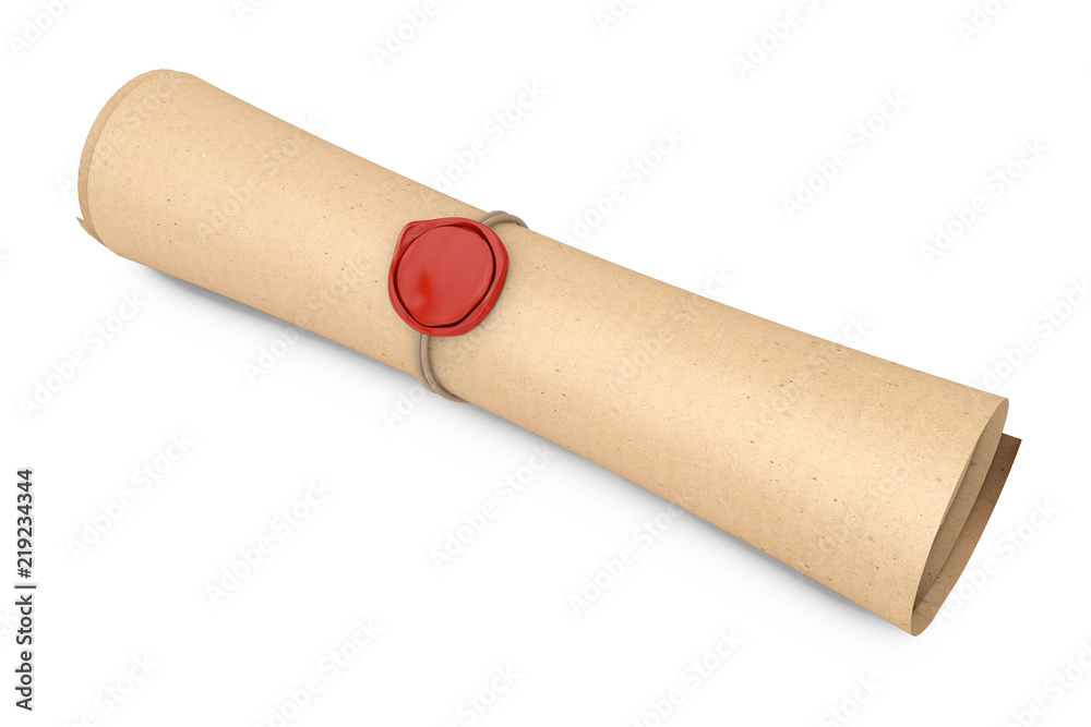 Old Rolled Paper with Seal with Sealing Wax. 3d Rendering Old Rolled Paper with Seal with Sealing Wax. 3d Rendering
