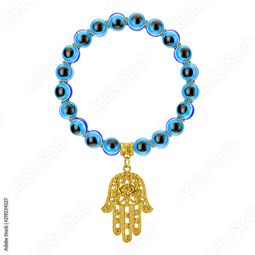 Bracelet with Golden Hamsa, Hand of Fatima Amulet and Evil Eye Beads. 3d Rendering