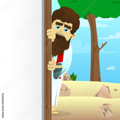 Vector illustrated cartoon Jesus with white banner for your message, standing in the desert.