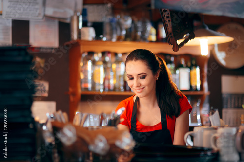 Cheerful Female Bartender Working Behind the Counter