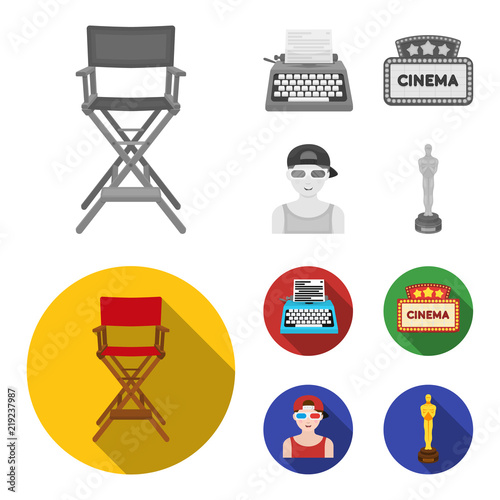 Chair of the director, typewriter, cinematographic signboard, film-man. Films and cinema set collection icons in monochrome,flat style vector symbol stock illustration web.