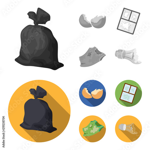 A garbage bag, a broken egg shell, a torn dirty T-shirt, a broken window frame with glass.Garbage and trash set collection icons in monochrome,flat style vector symbol stock illustration web.