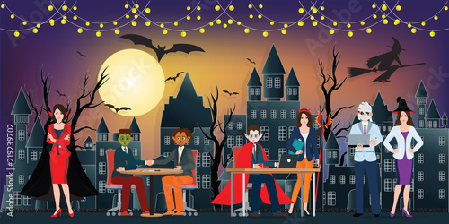 The dark night Halloween office party and full moon in the sky over the abandoned village.