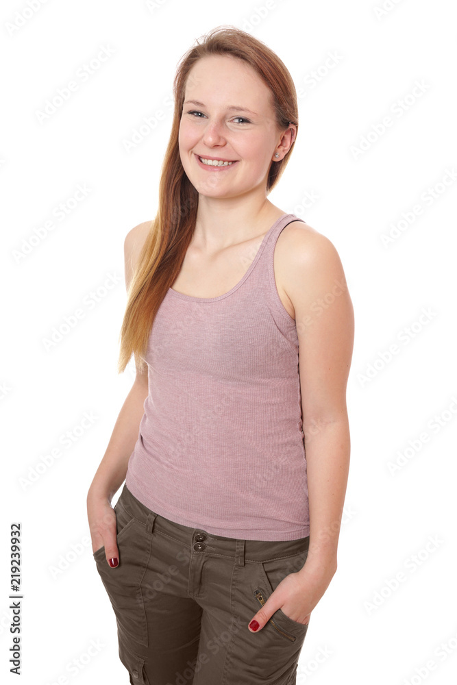 young woman wearing pink tank top and khaki pants young woman wearing pink tank top and khaki pants