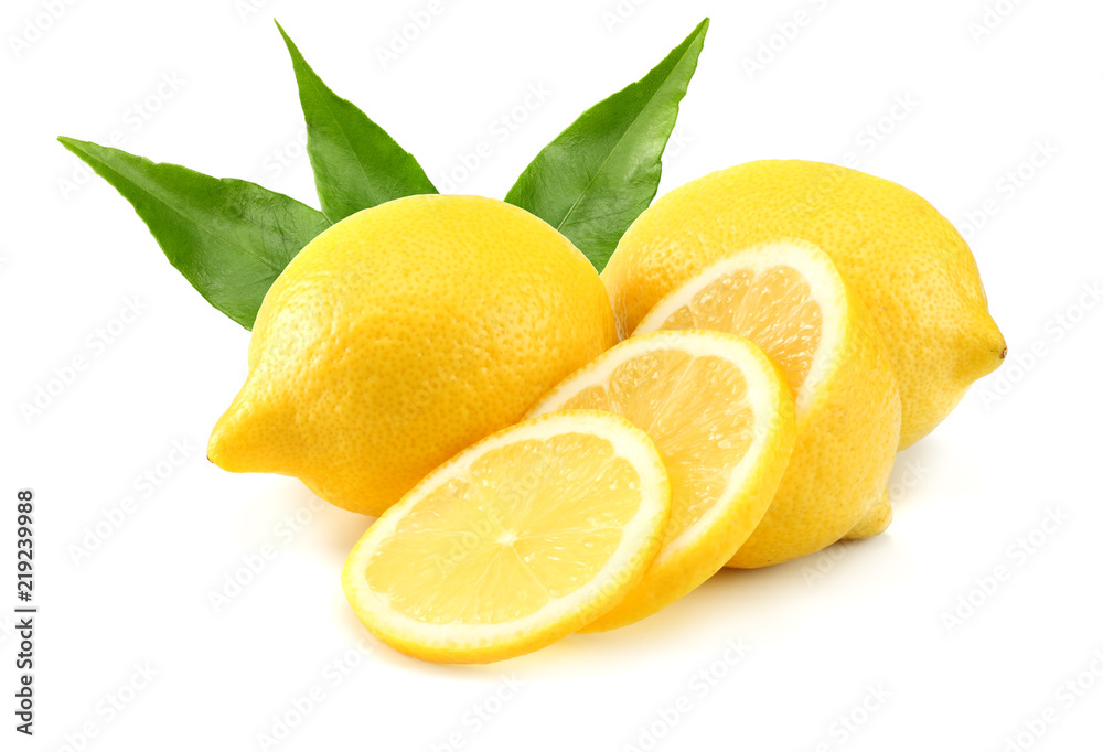 healthy food. lemon with slices and green leaf isolated on white background healthy food. lemon with slices and green leaf isolated on white background