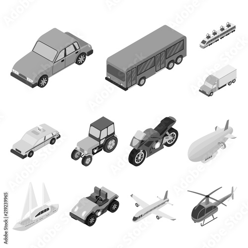 Different types of transport monochrome icons in set collection for design. Car and ship isometric vector symbol stock web illustration.