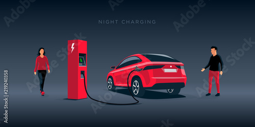 Vector illustration of a luxury red electric car suv charging at the charger station during night time low demand electricity. Man and woman approaching the vehicle. Night off-peak car charging.