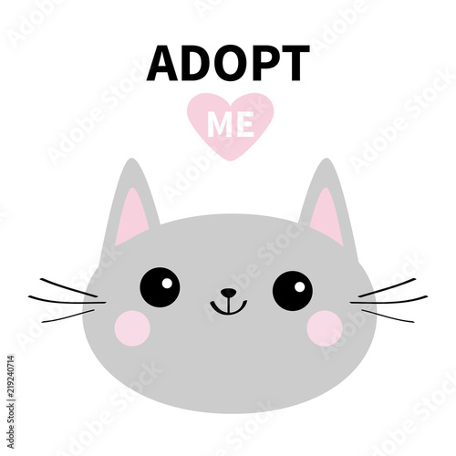 Adopt me. Dont buy. Gray cat round head silhouette. Pink heart. Pet adoption. Kawaii animal. Cute cartoon kitty character. Funny baby kitten. Help homeless animal Flat design. White background