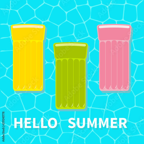 Swimming pool. Floating yellow green pink air pool float water mattress. Top aerial view. Hello Summer. Cute cartoon relaxing object. Sea Ocean water. Blue background. Flat design.