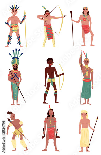 Armed native people set, American Indian, African tribe member, Australian Aboriginal characters vector Illustrations on a white background