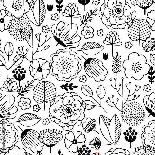 Cute flower seamless pattern. Linear graphic. florals background. Scandinavian style. Vector illustration