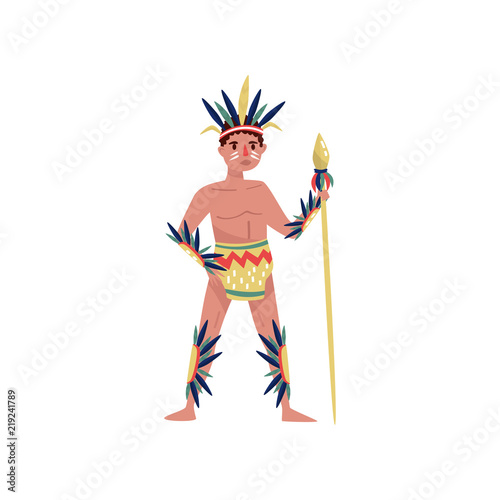 American Indian man character in ethnic costume with spear vector Illustration on a white background