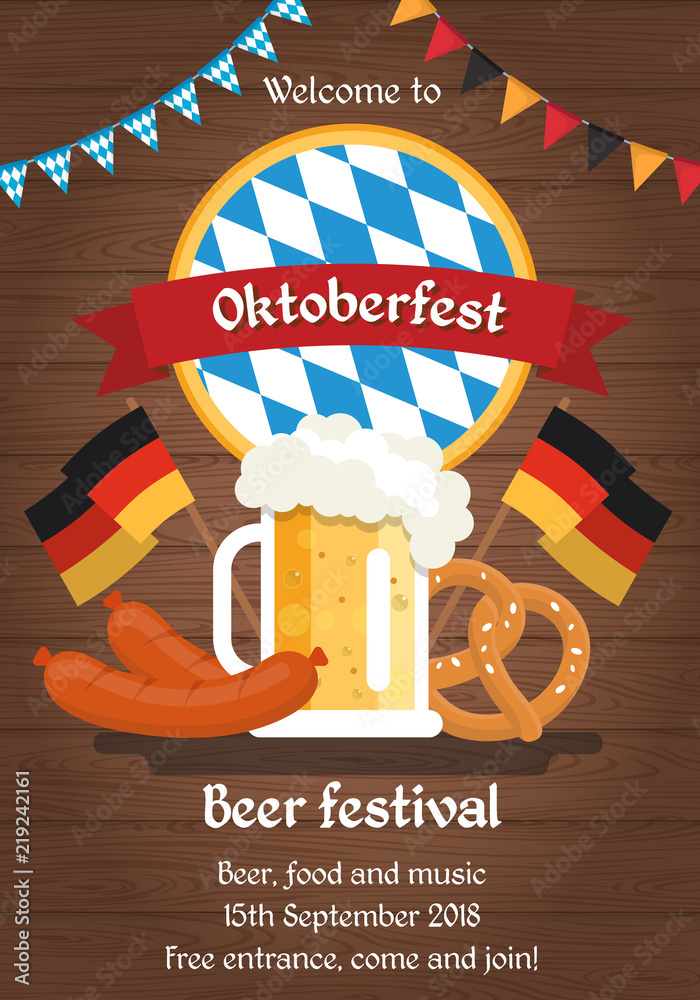 Vettoriale Stock Oktoberfest beer festival poster, illustration template in  flat style with beer cup, traditional food, German flags. | Adobe Stock