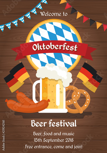 Oktoberfest beer festival poster, illustration template in flat style with beer cup, traditional food, German flags.