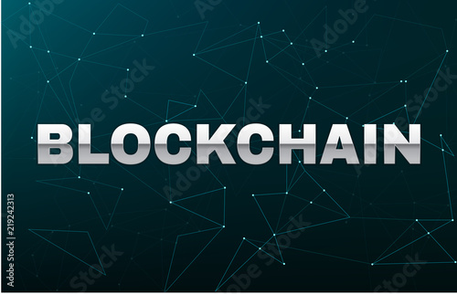 Silver blockchain title on futuristic abstract vector background with blockchain peer to peer network. Global cryptocurrency blockchain business banner concept. EPS 10