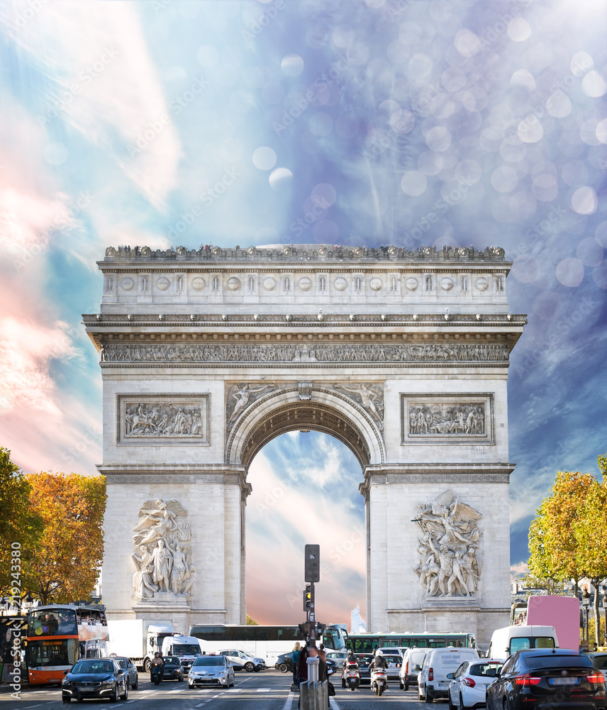 Autumn photo of Champs-Elysees and Arc de Triomphe in Paris, France. Architecture and landmarks of Paris. Postcard of Paris.