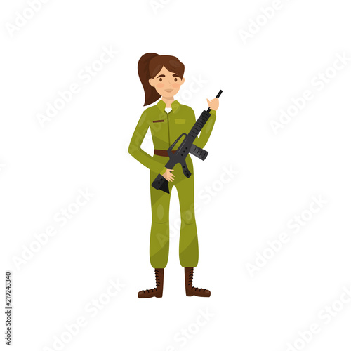 Female soldier in green camouflage uniform vector Illustration on a white background