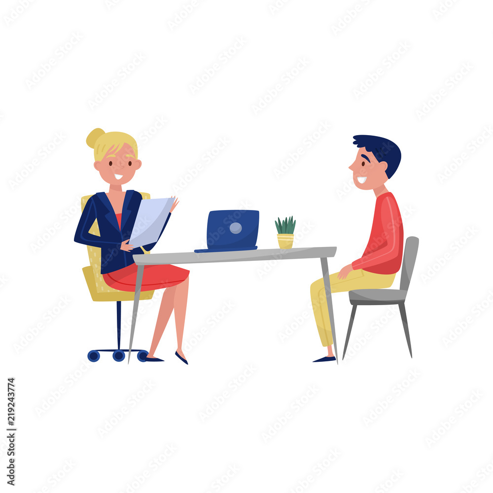 Young man having job interview with HR specialist, jobseeker and employer sitting at the table and talking vector Illustration on a white background