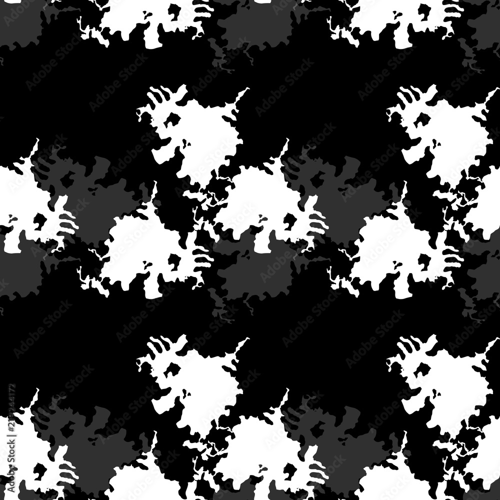 UFO military camouflage seamless pattern in black, grey and white colors