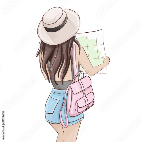 Summer tourist illustration. Vector traveller girl holding map. Glamour fashion magazine sketch, woman in shorts and hat  with pink backpack . Weekend adventure.
