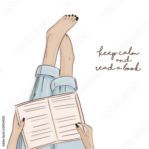 Girl reading book sketch illutration.  Vector city character. Barefoot woman holding book on her legs atwork. Student leisure, education cartoon design. photo