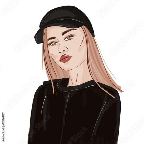 Sport look fashion woman illustration. Swag stylish beauty portrait. Runaway girl trendy sketch. Stylish magazine young person poster.