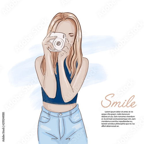 Glamour woman making photos. Trendy fashion photographer illustration. Magazin watercolor paint of girl shooting on camera. Stylish  lifestyle poster art.