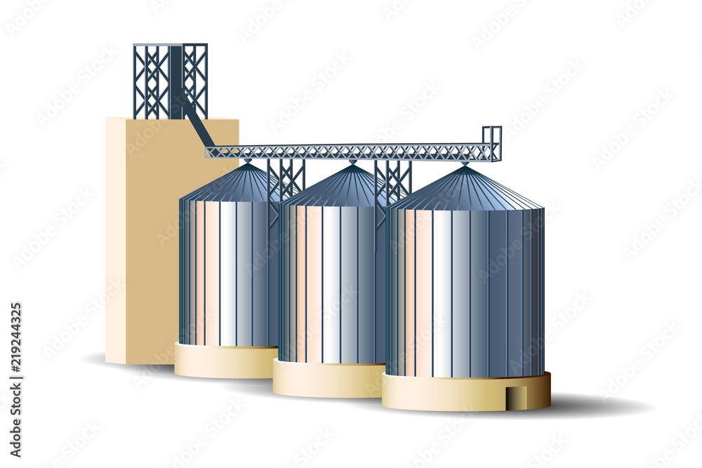 Silos of grain elevator. Steel bins for grain storage. Granary vector